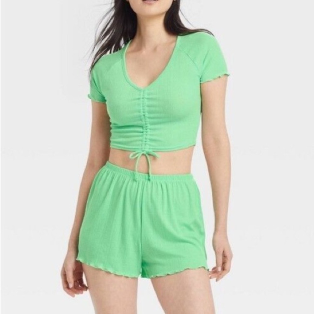 COLSIE Pointelle Knit Crop Top & Shorts Pajama Set Green Size XS